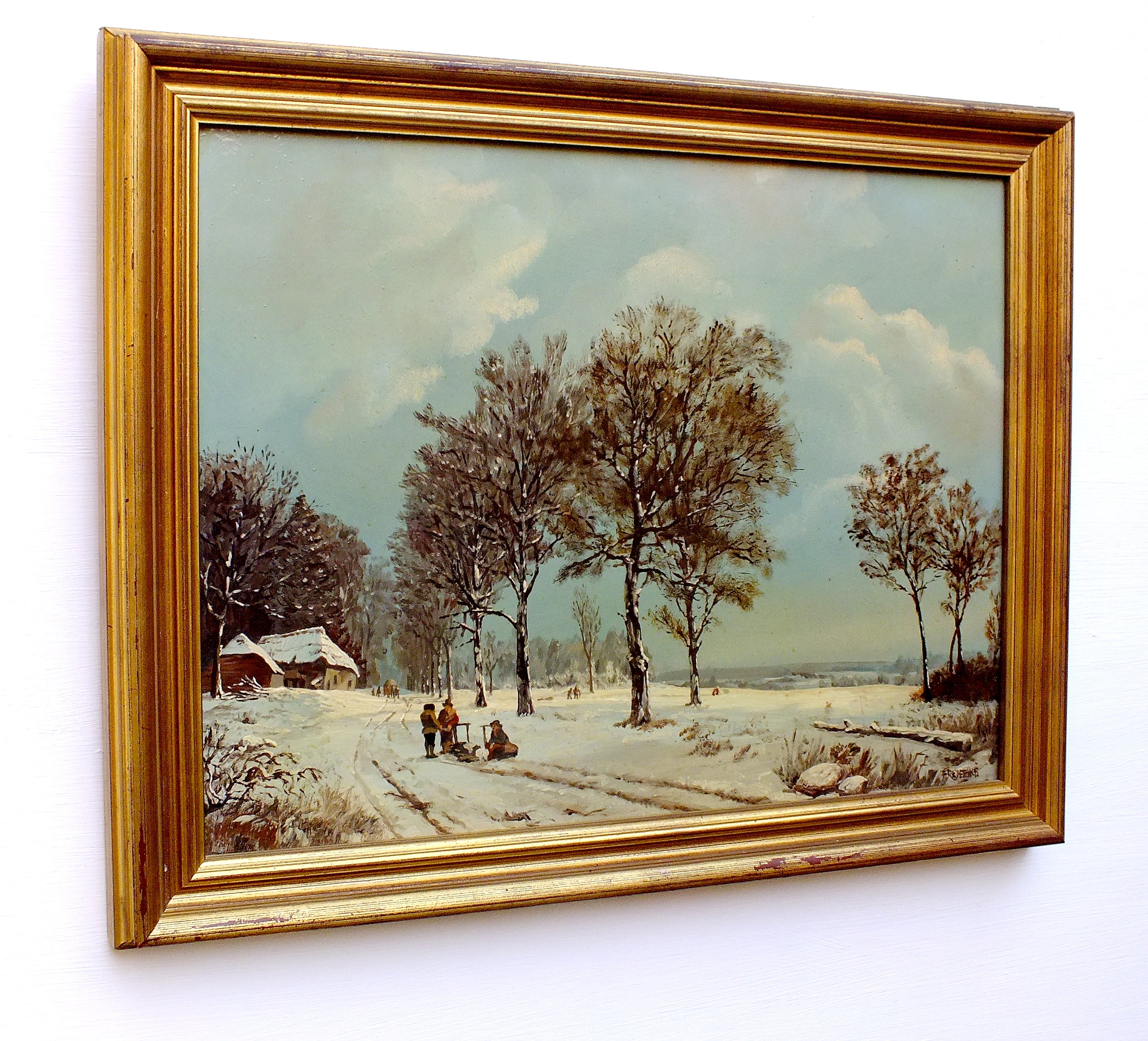 Antique Oil Painting Fine Dutch Winter Landscape Signed Framed