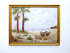 Beach Seascape Vintage Oil Painting Signed Framed Boats Seashore