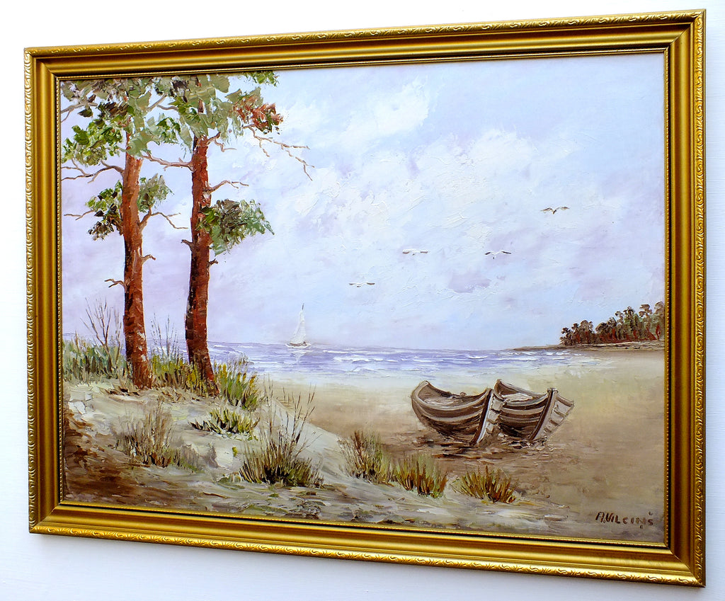 Beach Seascape Vintage Oil Painting Signed Framed Boats Seashore