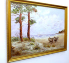 Beach Seascape Vintage Oil Painting Signed Framed Boats Seashore