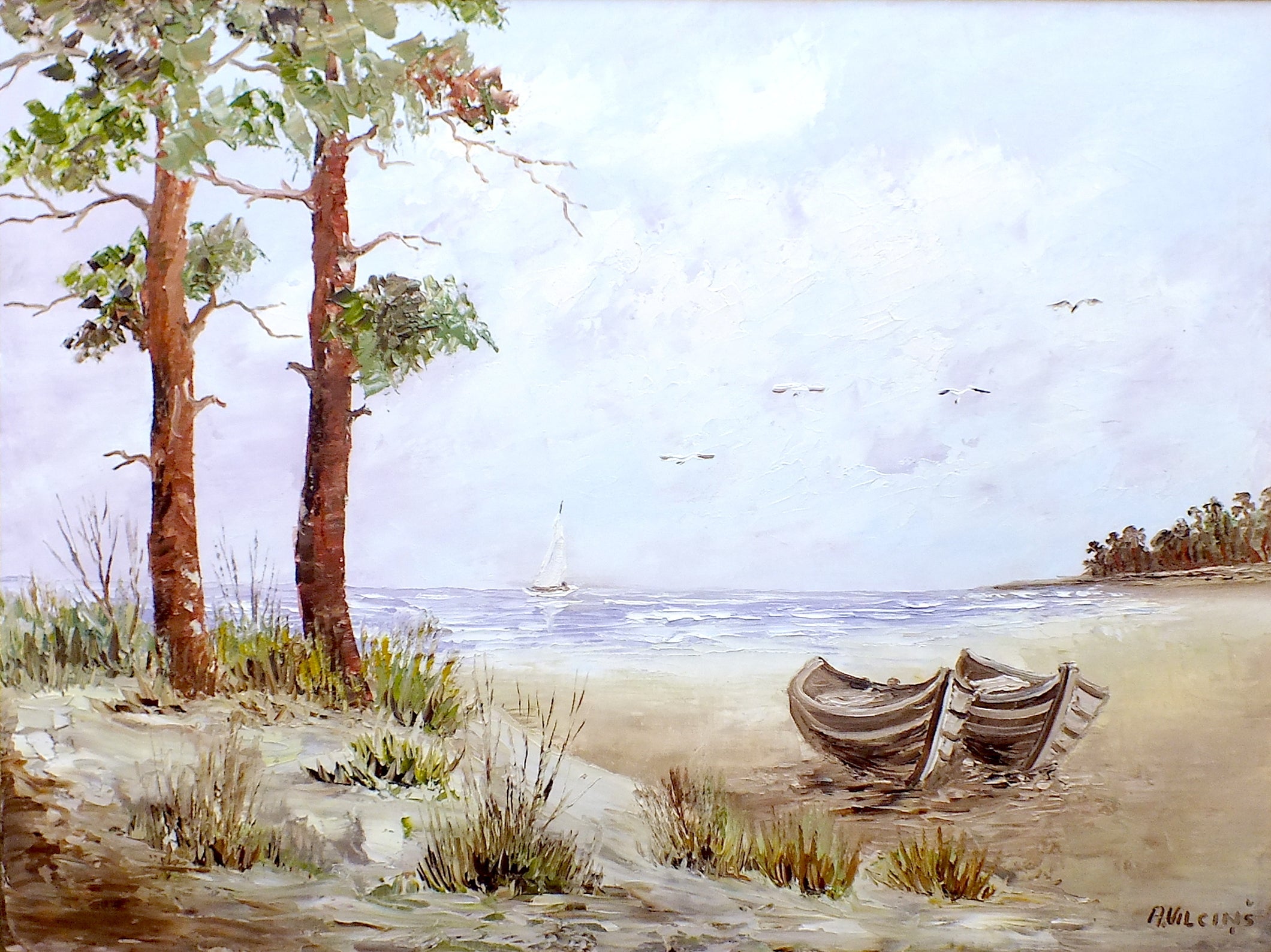 Beach Seascape Vintage Oil Painting Signed Framed Boats Seashore