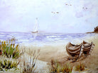 Beach Seascape Vintage Oil Painting Signed Framed Boats Seashore