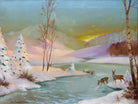 Vintage Oil Painting Winter Landscape Signed Framed Snow Scene Scandinavian Sunset