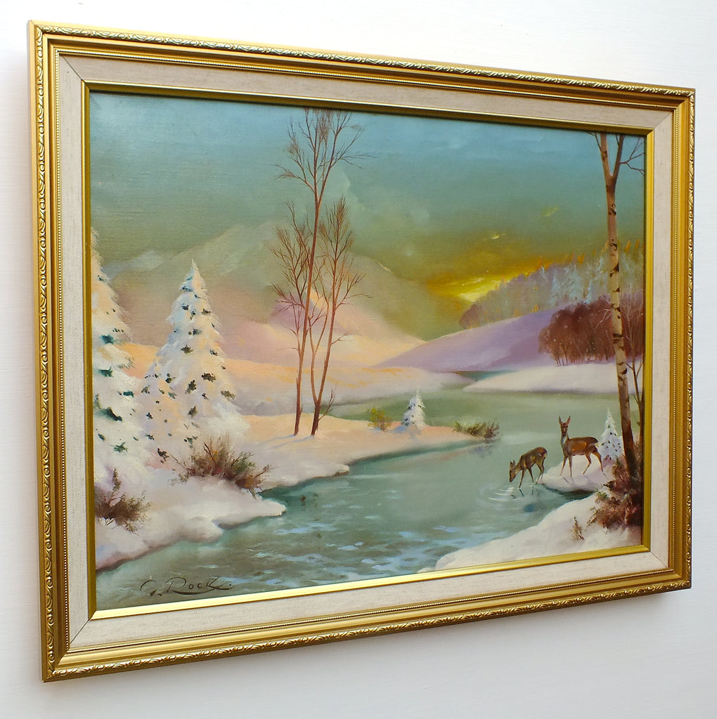 Vintage Oil Painting Winter Landscape Signed Framed Snow Scene Scandinavian Sunset