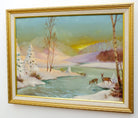 Vintage Oil Painting Winter Landscape Signed Framed Snow Scene Scandinavian Sunset