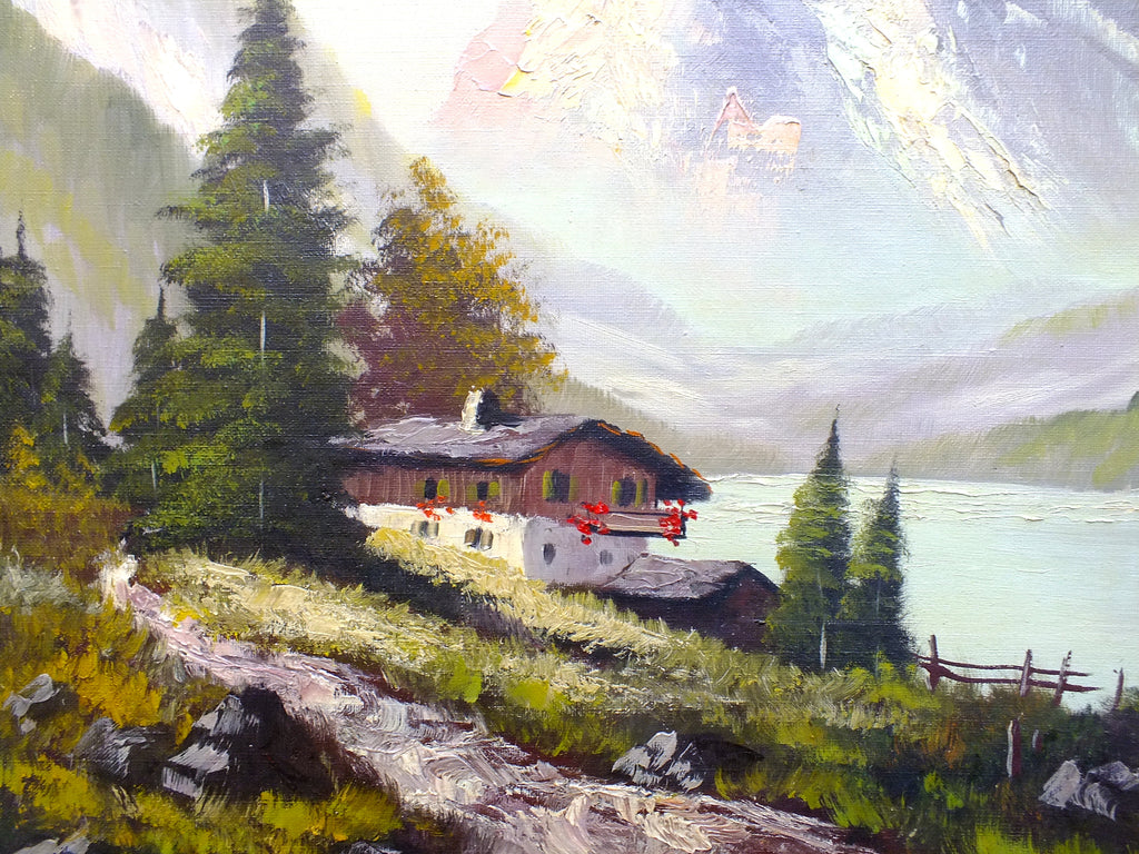 Austrian Alps Landscape Antique Oil Painting Signed Framed Mountain Scene
