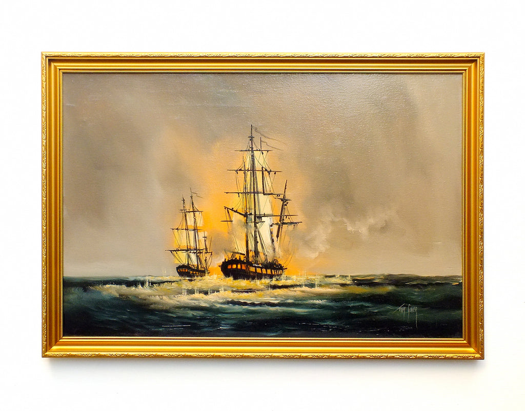 Seascape Oil Painting Vintage Sailing Boats Signed Framed Nautical Art