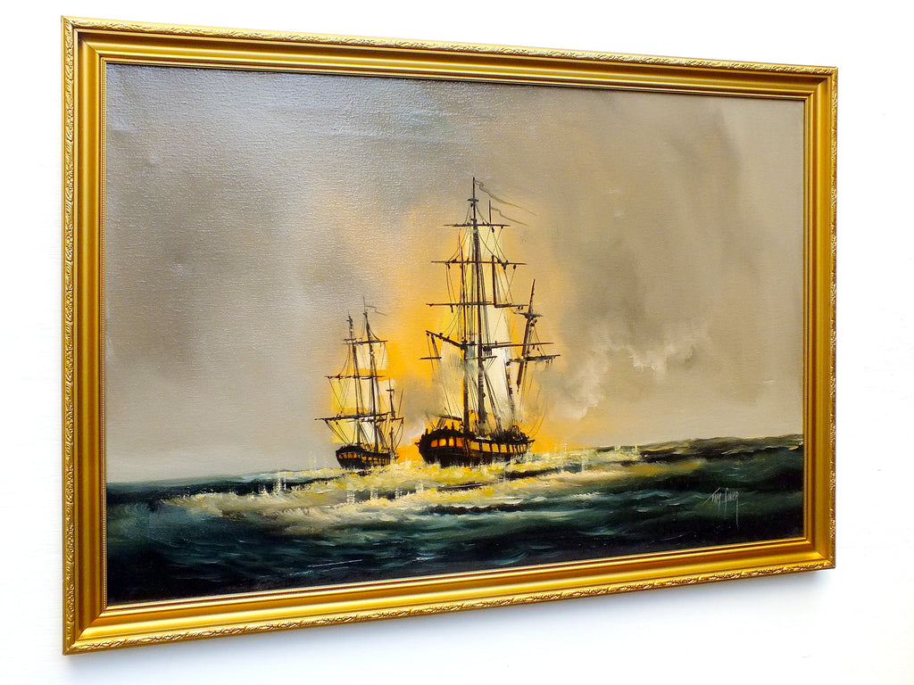 Seascape Oil Painting Vintage Sailing Boats Signed Framed Nautical Art