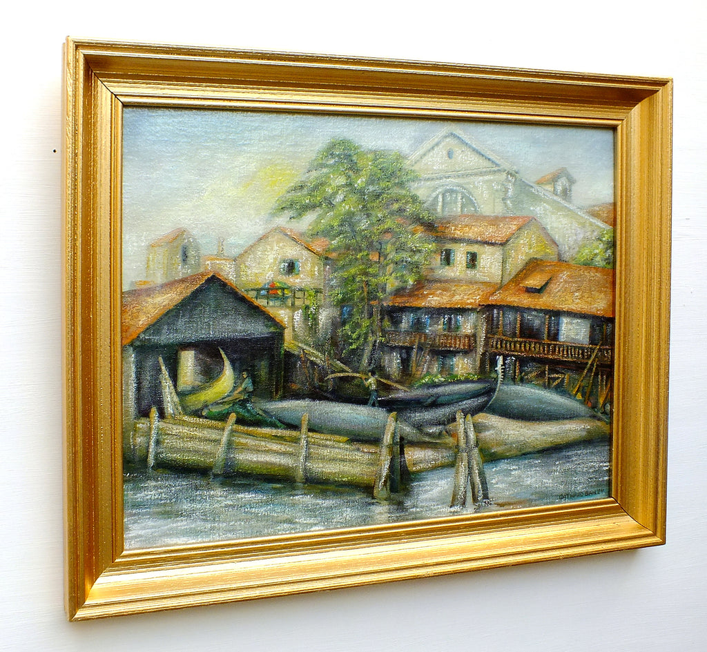 Venice Oil Painting Vintage Italian Gondola Boatyard Signed Framed Nautical Art