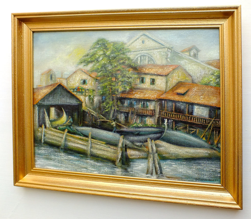 Venice Oil Painting Vintage Italian Gondola Boatyard Signed Framed Nautical Art