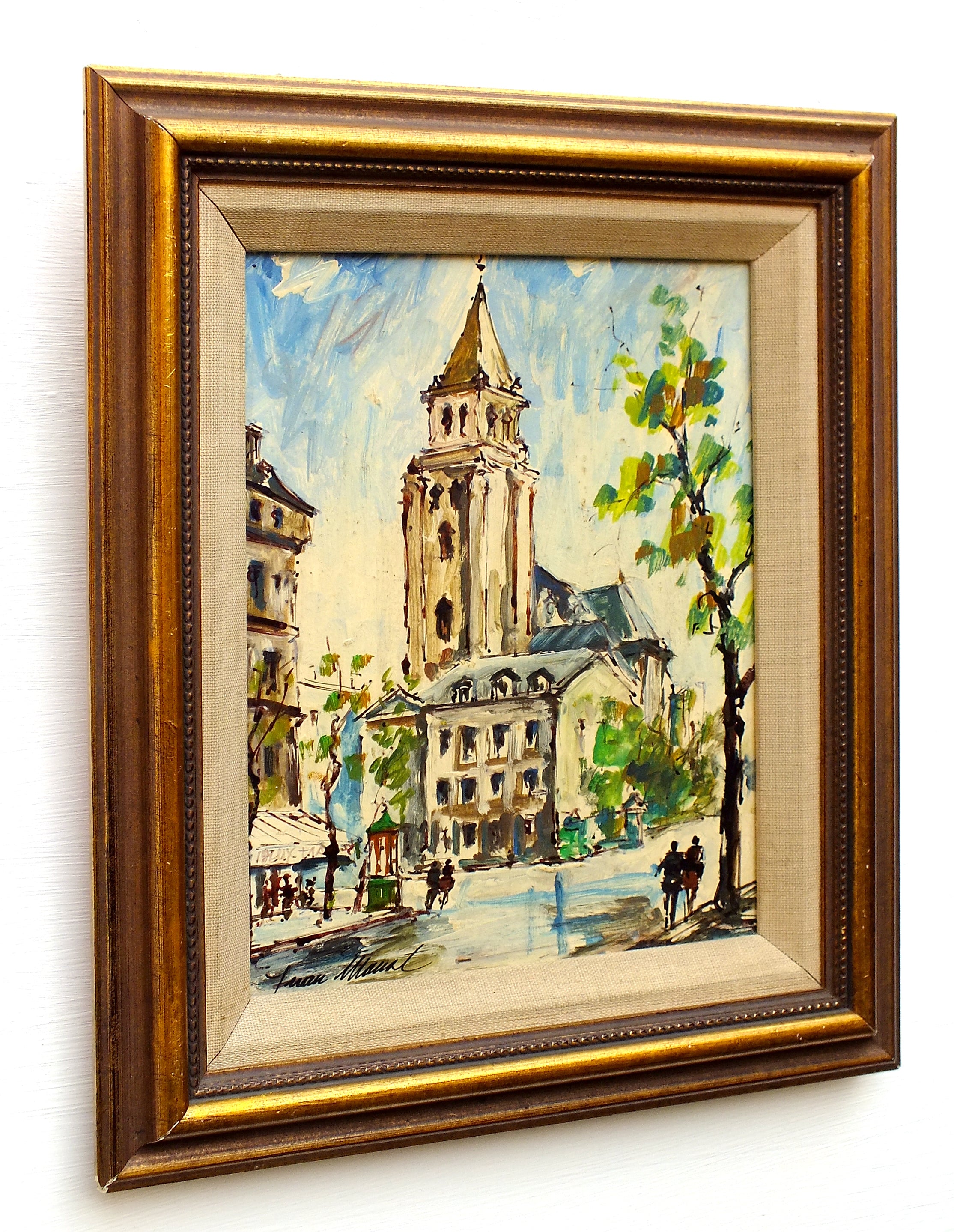 French Oil Painting Paris Wall Art Sign Framed Vintage l'eglise Saint Germain