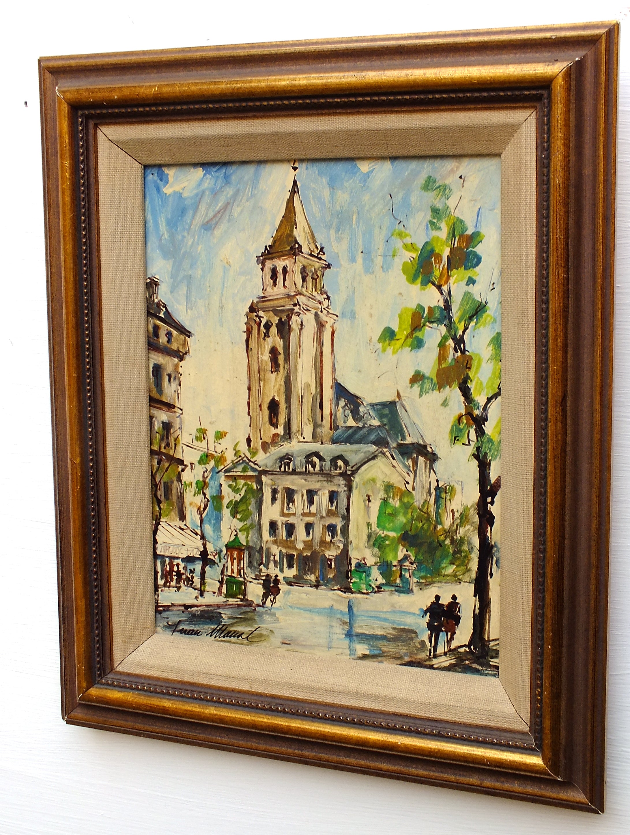 French Oil Painting Paris Wall Art Sign Framed Vintage l'eglise Saint Germain