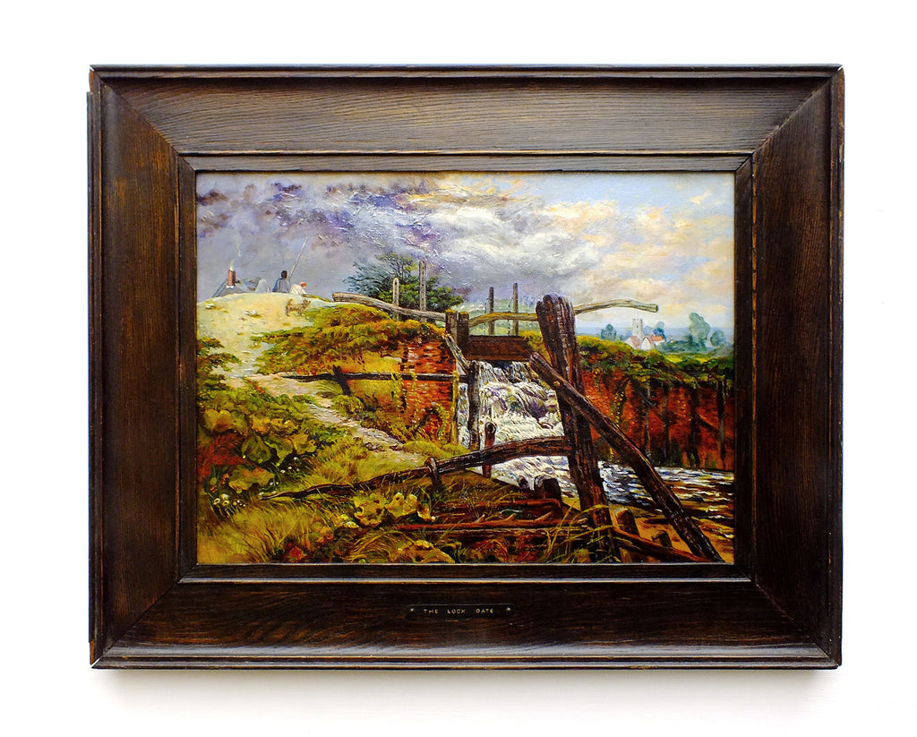 Lock Gates Antique Oil Painting English Landscape Art Framed Signed Painting