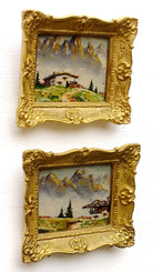 Pair of Miniature Oil Paintings Vintage Framed Swiss Landscape Mountain Scenes