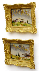 Pair of Miniature Oil Paintings Vintage Framed Swiss Landscape Mountain Scenes