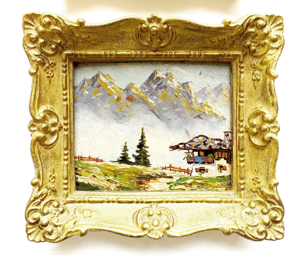 Pair of Miniature Oil Paintings Vintage Framed Swiss Landscape Mountain Scenes