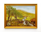 Golden Green Landscape Vintage Oil Painting Signed Framed Mountain River