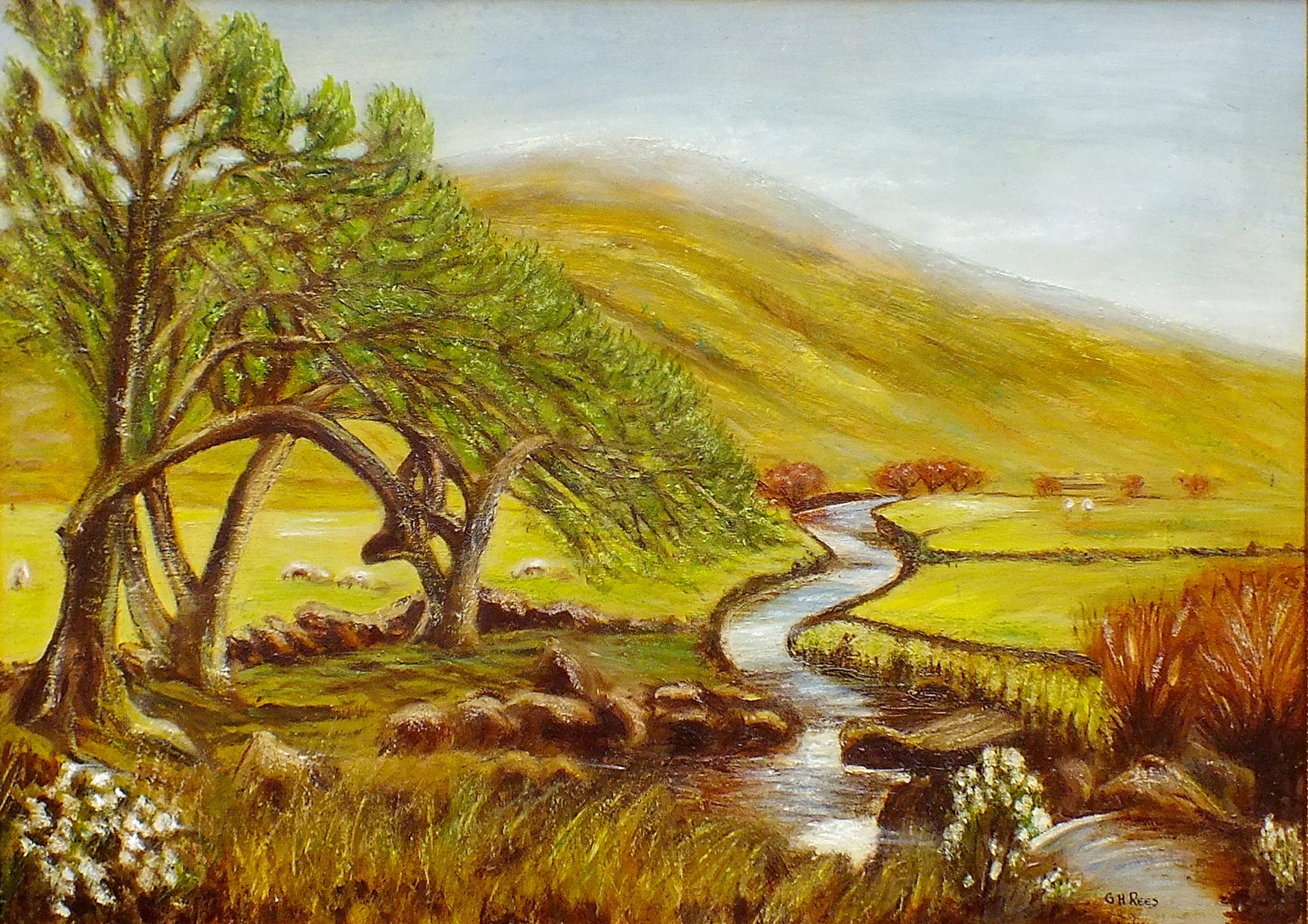 Golden Green Landscape Vintage Oil Painting Signed Framed Mountain River