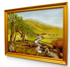 Golden Green Landscape Vintage Oil Painting Signed Framed Mountain River