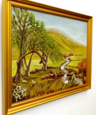 Golden Green Landscape Vintage Oil Painting Signed Framed Mountain River