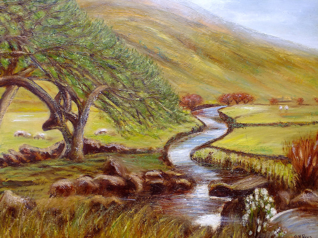 Golden Green Landscape Vintage Oil Painting Signed Framed Mountain River