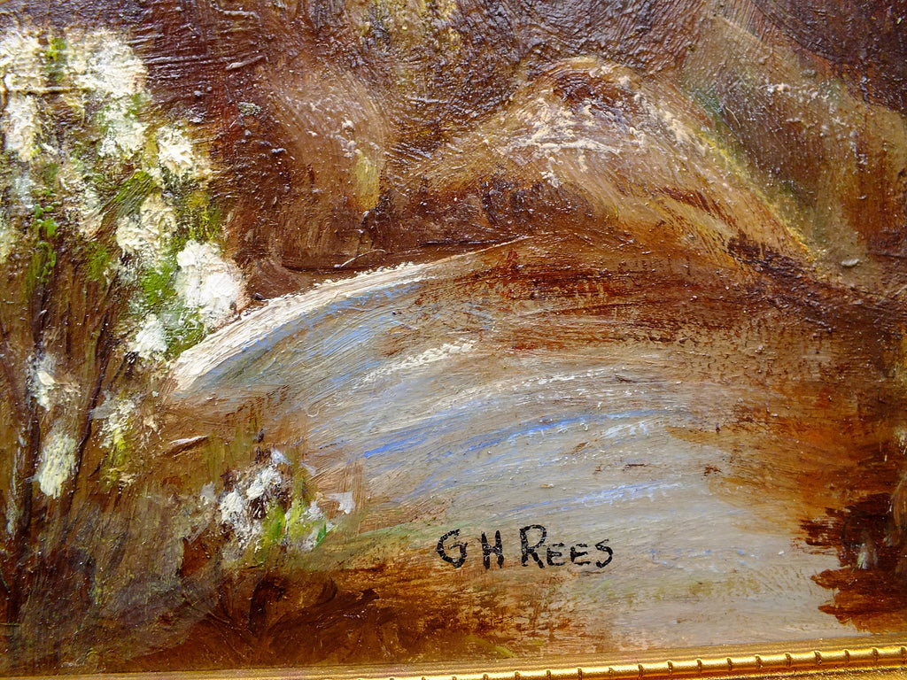 Golden Green Landscape Vintage Oil Painting Signed Framed Mountain River