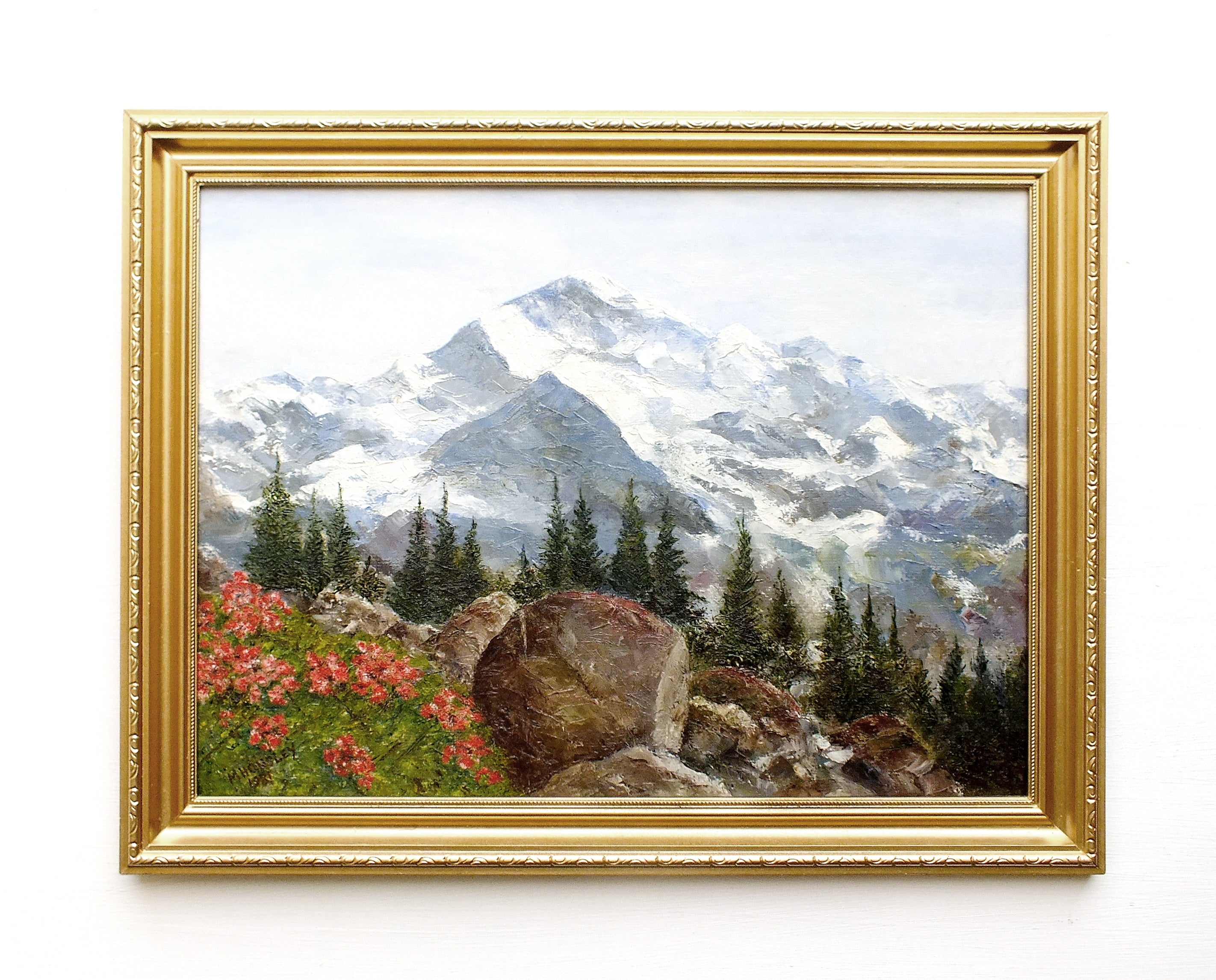 Swiss Alps Landscape Antique Oil Painting Signed Framed Mountain Scene