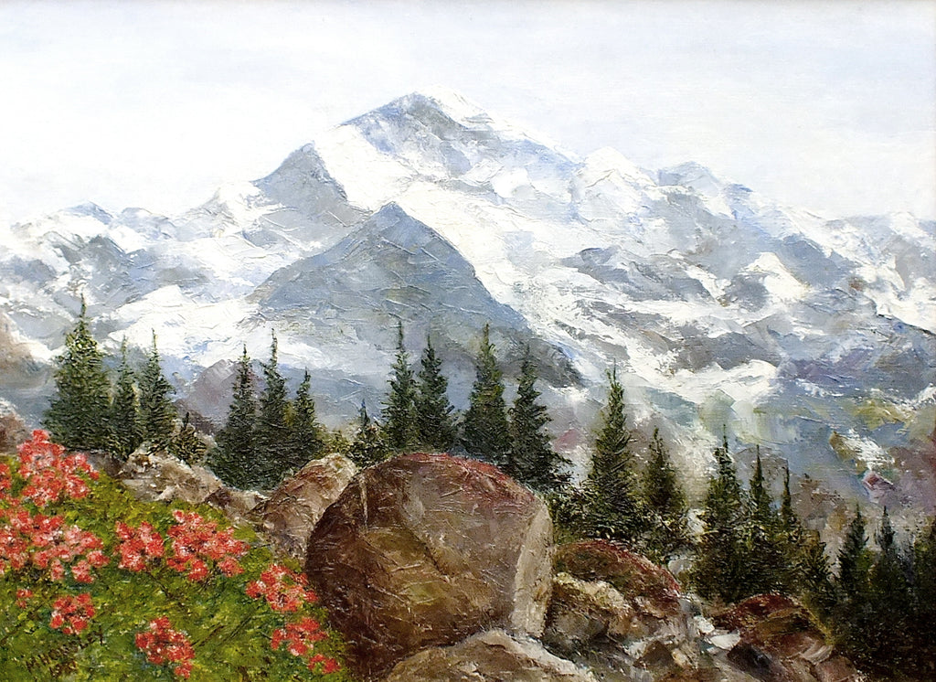 Swiss Alps Landscape Antique Oil Painting Signed Framed Mountain Scene
