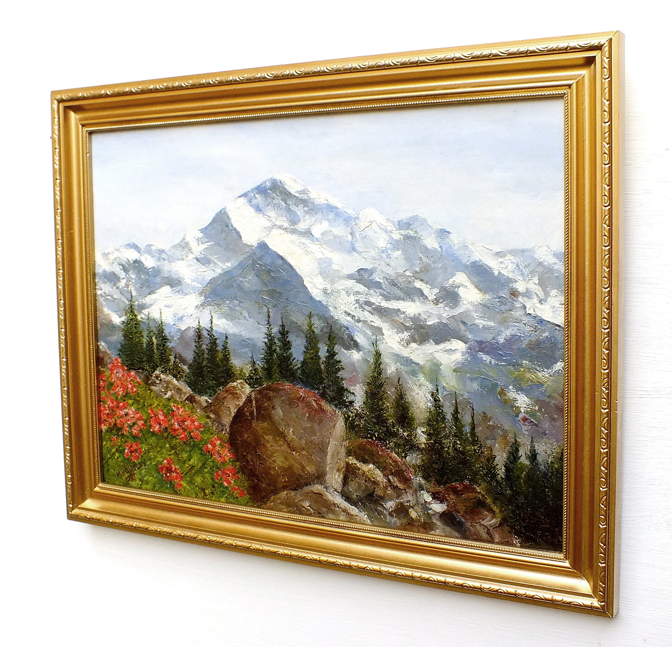 Swiss Alps Landscape Antique Oil Painting Signed Framed Mountain Scene