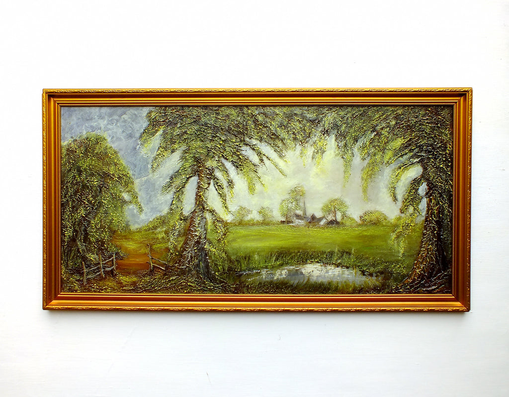 English Country Landscape Vintage Oil Painting Signed Framed Pond Scene