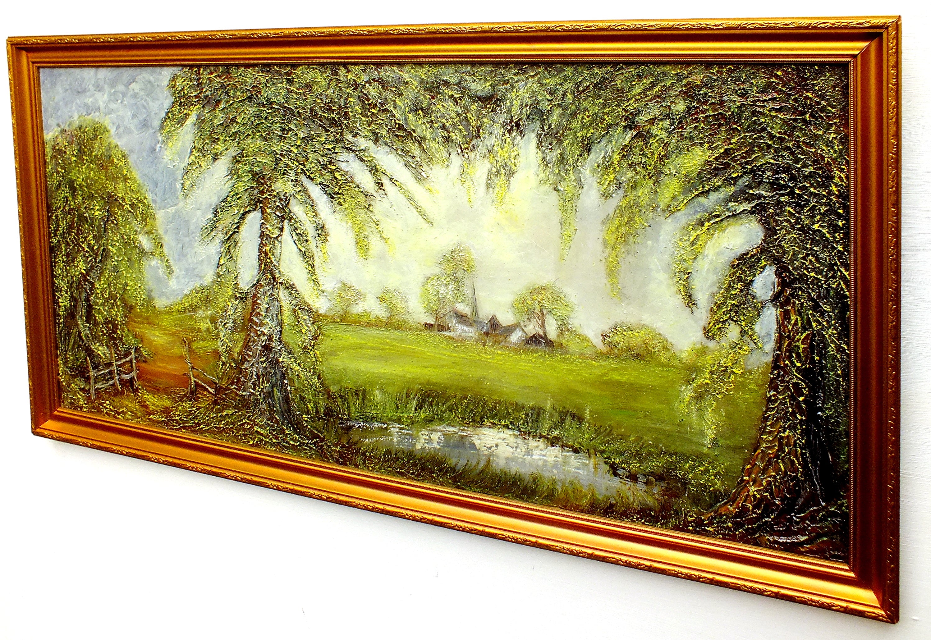 English Country Landscape Vintage Oil Painting Signed Framed Pond Scene