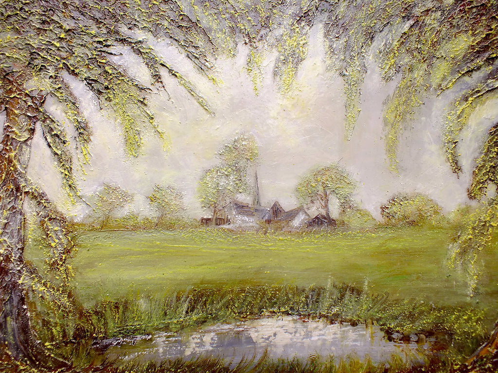 English Country Landscape Vintage Oil Painting Signed Framed Pond Scene