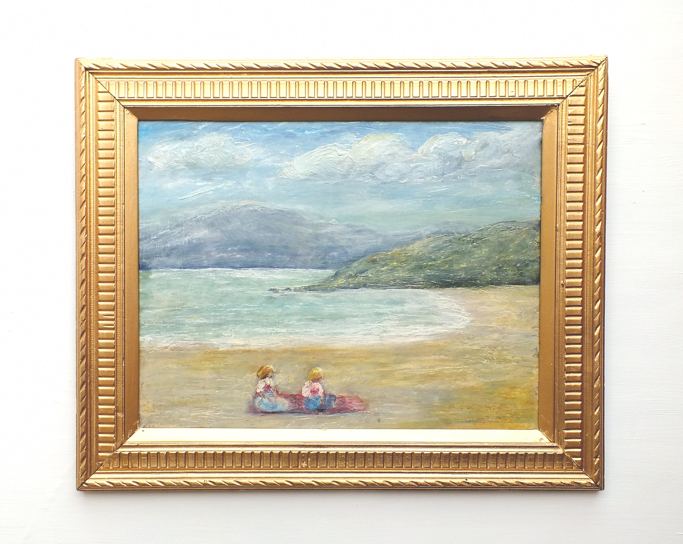 Beach Seascape Vintage Oil Painting Framed Seashore Girls