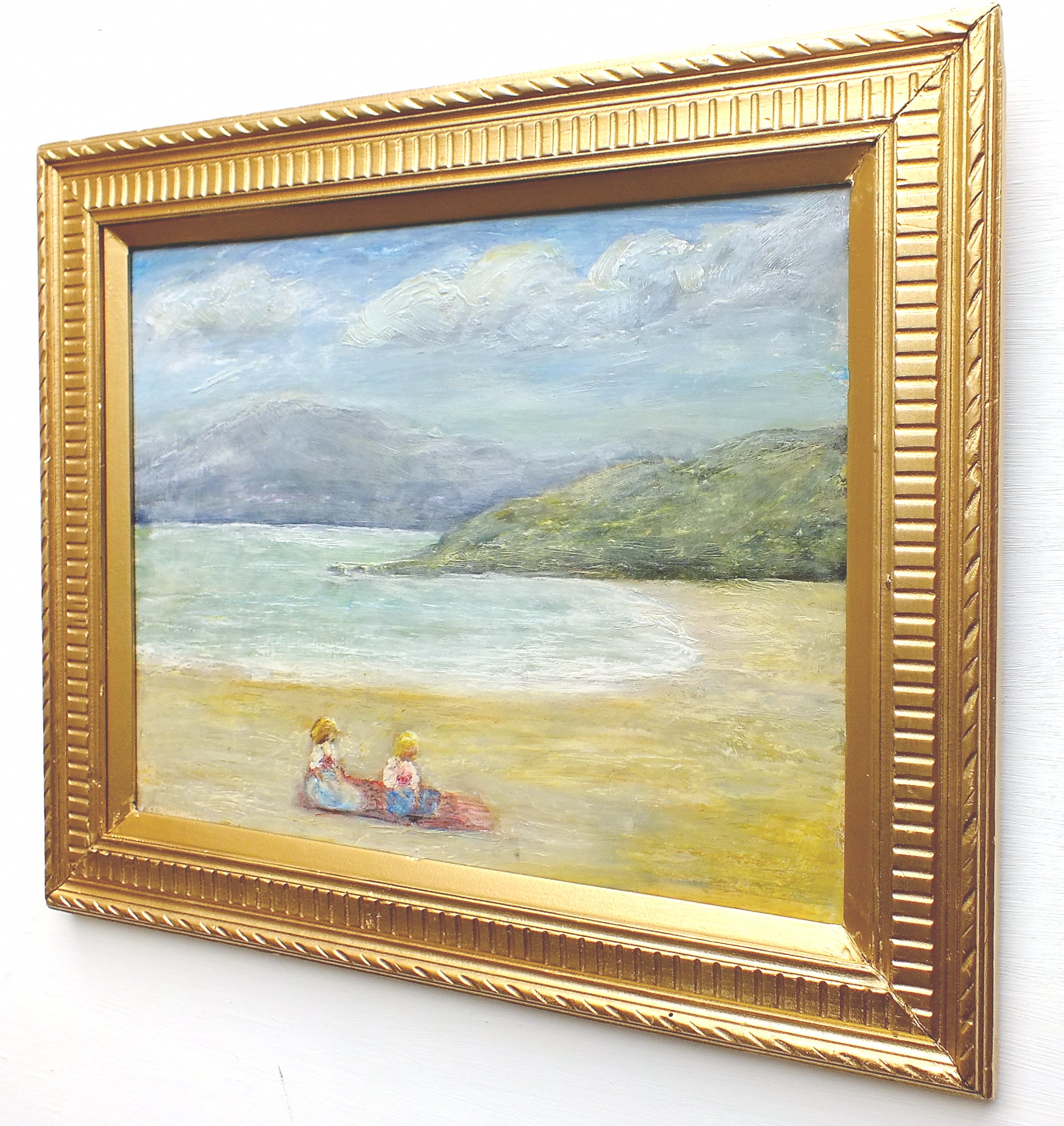 Beach Seascape Vintage Oil Painting Framed Seashore Girls