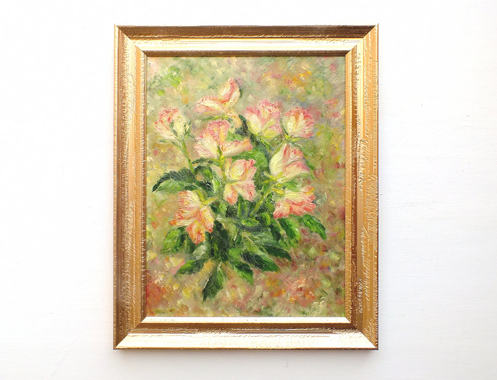 Pink Roses Still Life Oil Painting Signed Framed Vintage Flowers Impressionist