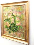 Pink Roses Still Life Oil Painting Signed Framed Vintage Flowers Impressionist