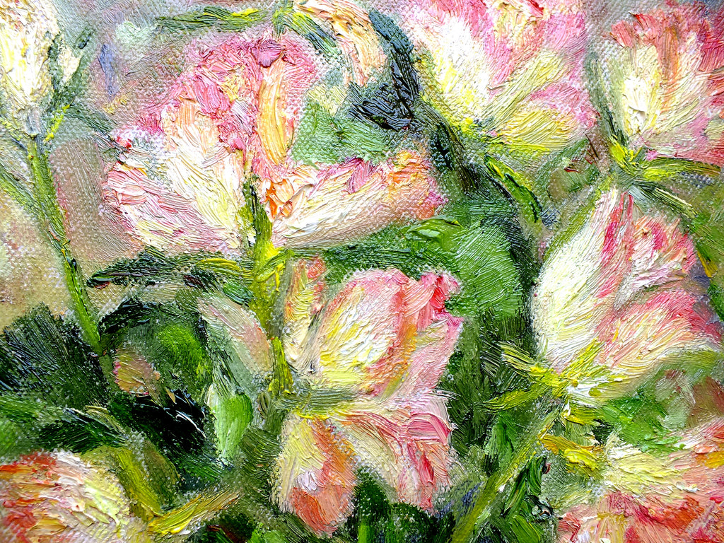 Pink Roses Still Life Oil Painting Signed Framed Vintage Flowers Impressionist