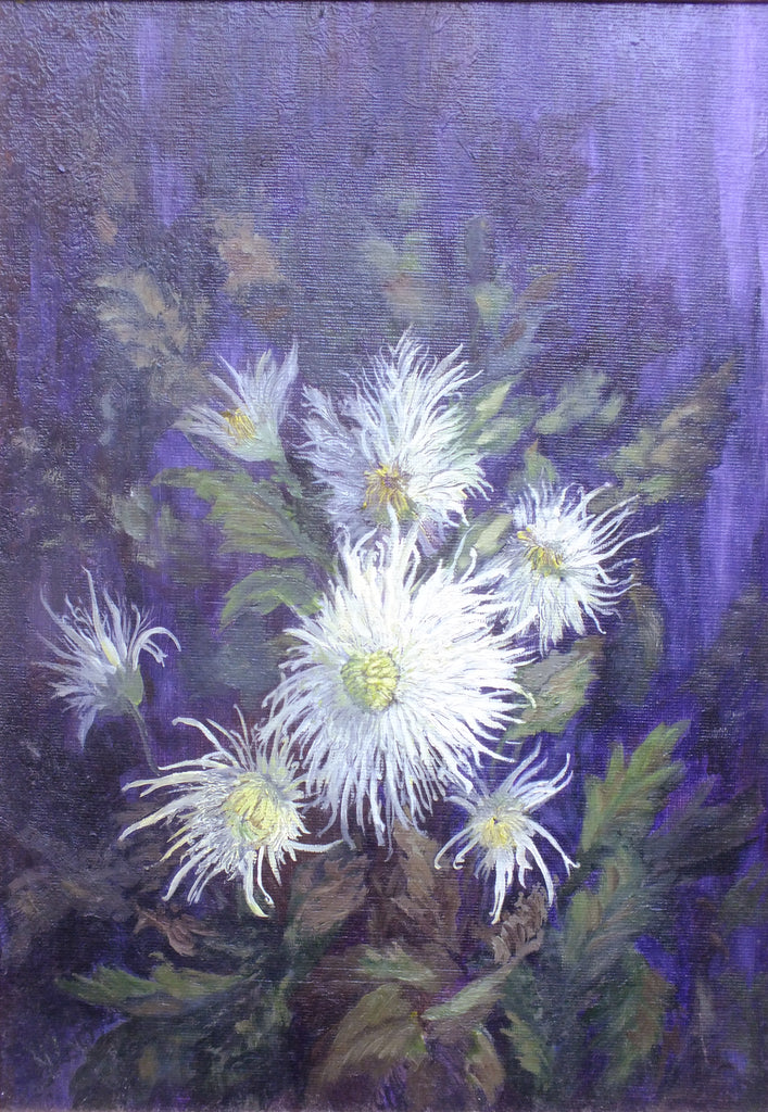 White Spider Chrysanthemums Still Life Oil Painting Signed Framed