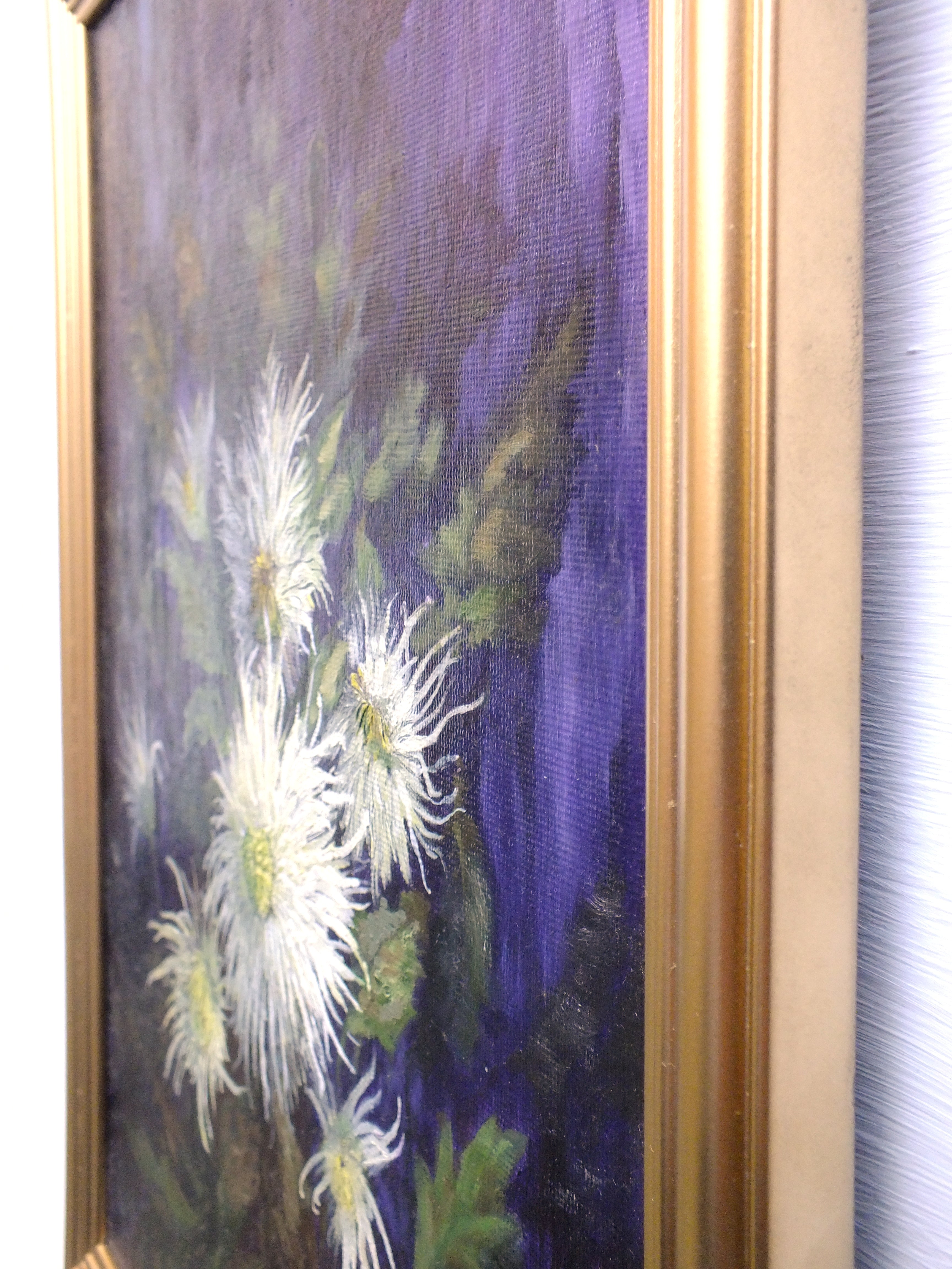 White Spider Chrysanthemums Still Life Oil Painting Signed Framed