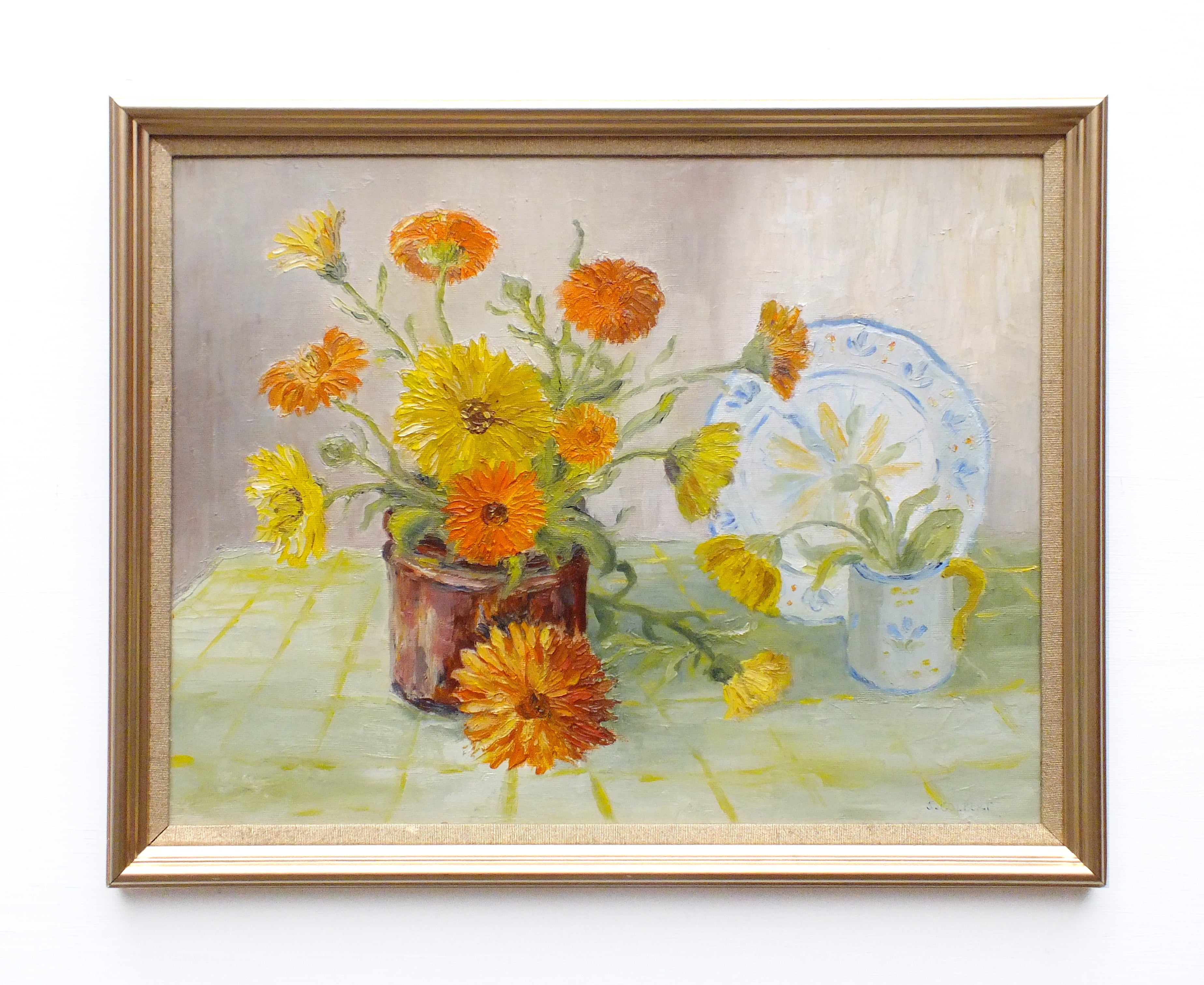 Marigolds Still Life Vintage Oil Painting Signed Framed Original Flowers