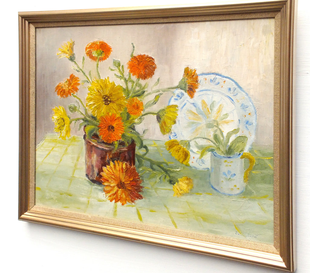 Marigolds Still Life Vintage Oil Painting Signed Framed Original Flowers