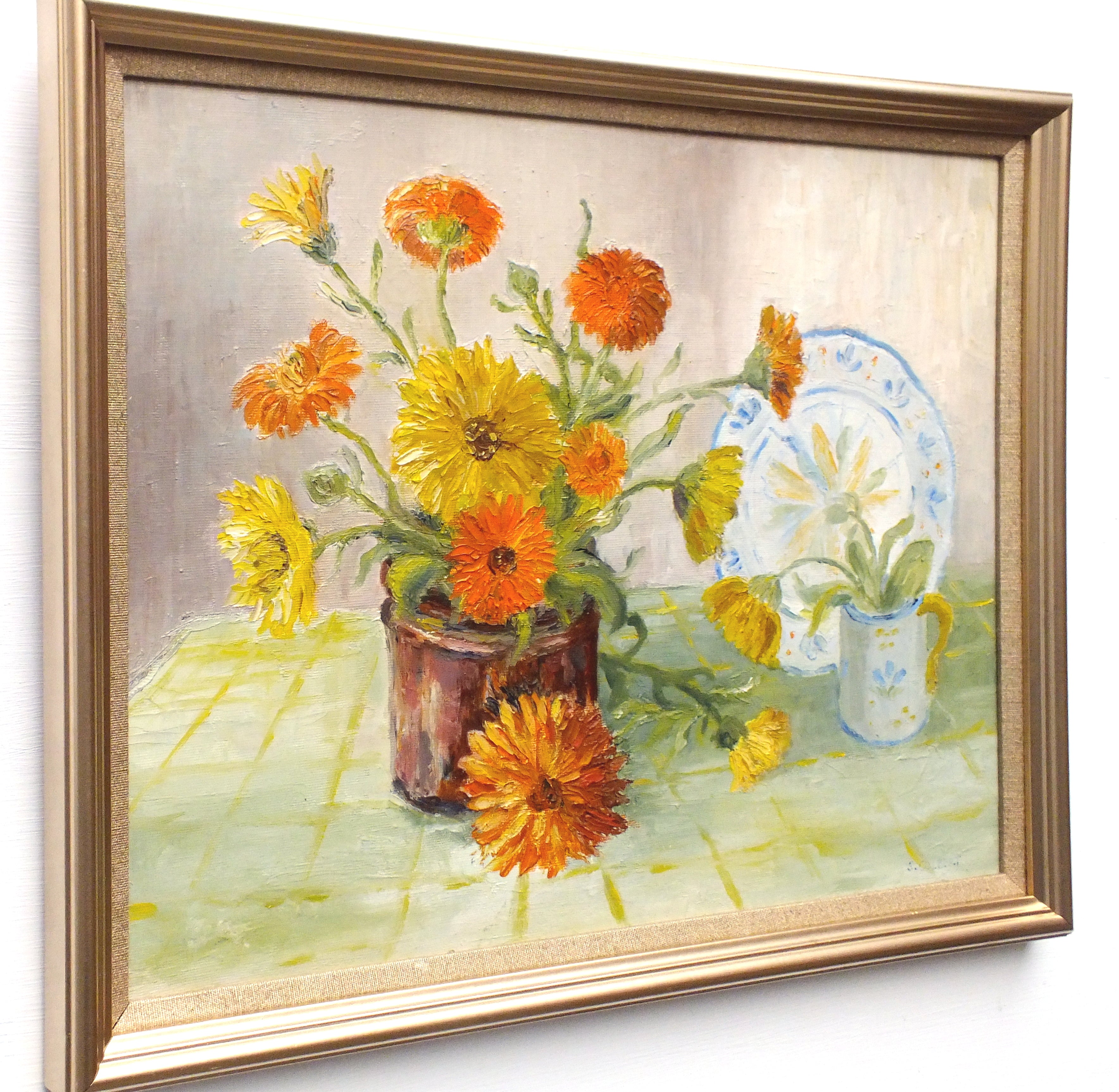 Marigolds Still Life Vintage Oil Painting Signed Framed Original Flowers