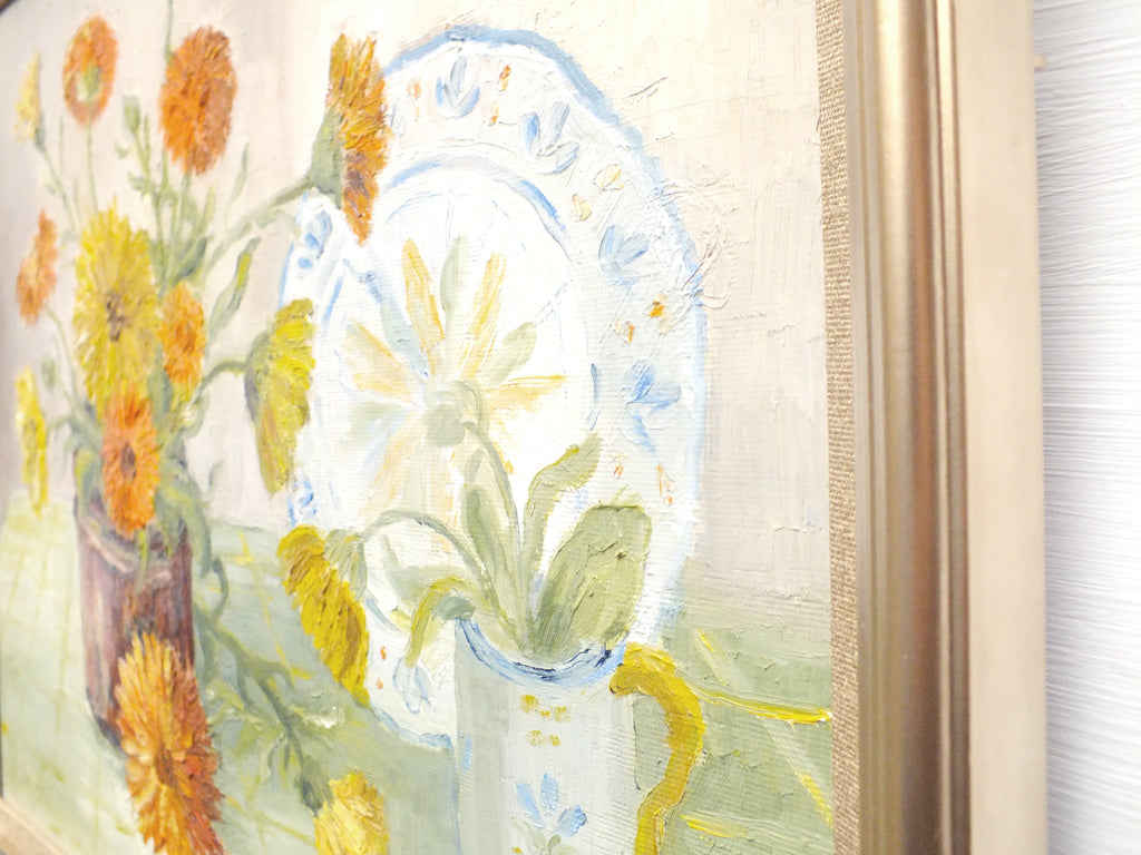 Marigolds Still Life Vintage Oil Painting Signed Framed Original Flowers
