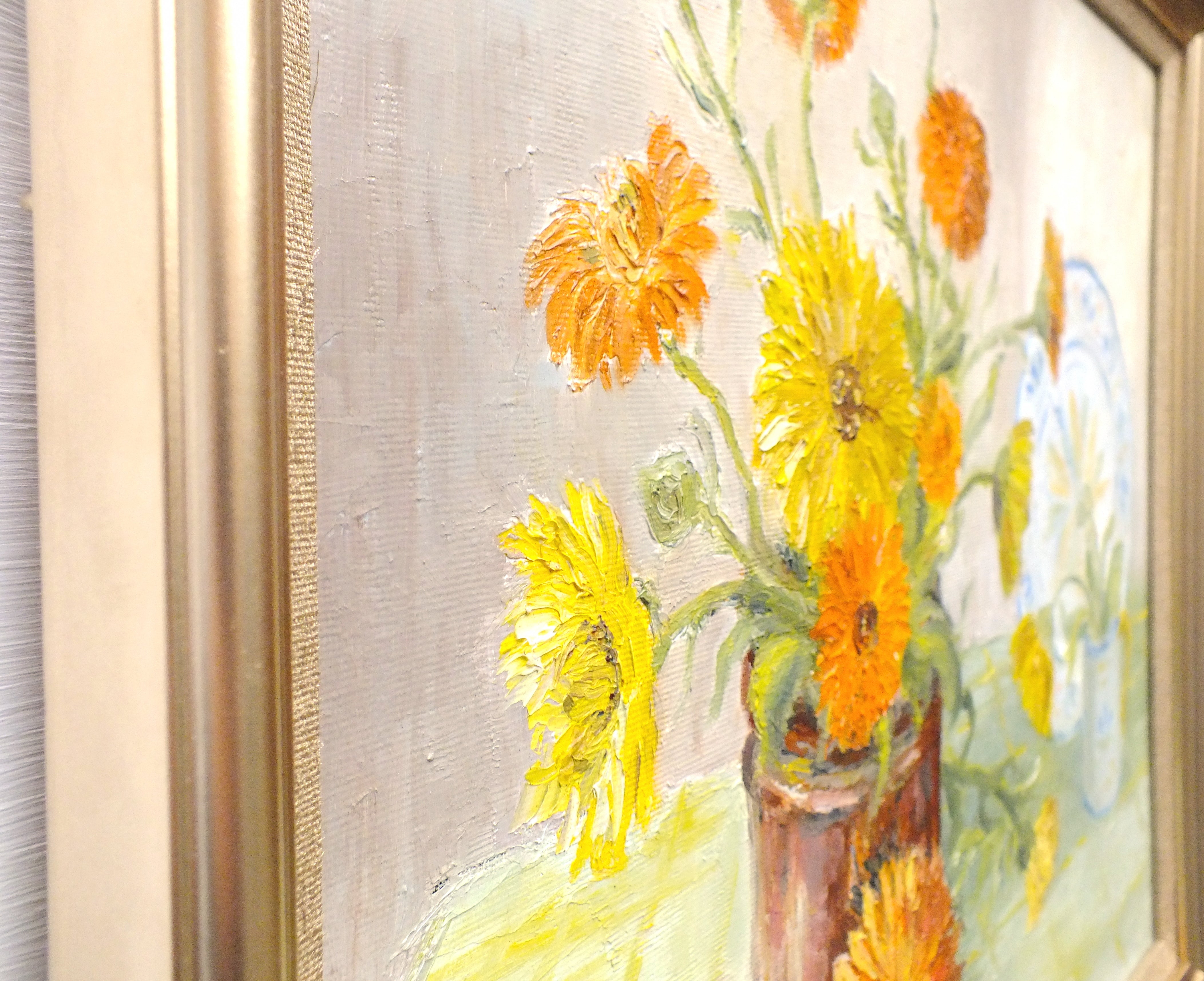 Marigolds Still Life Vintage Oil Painting Signed Framed Original Flowers