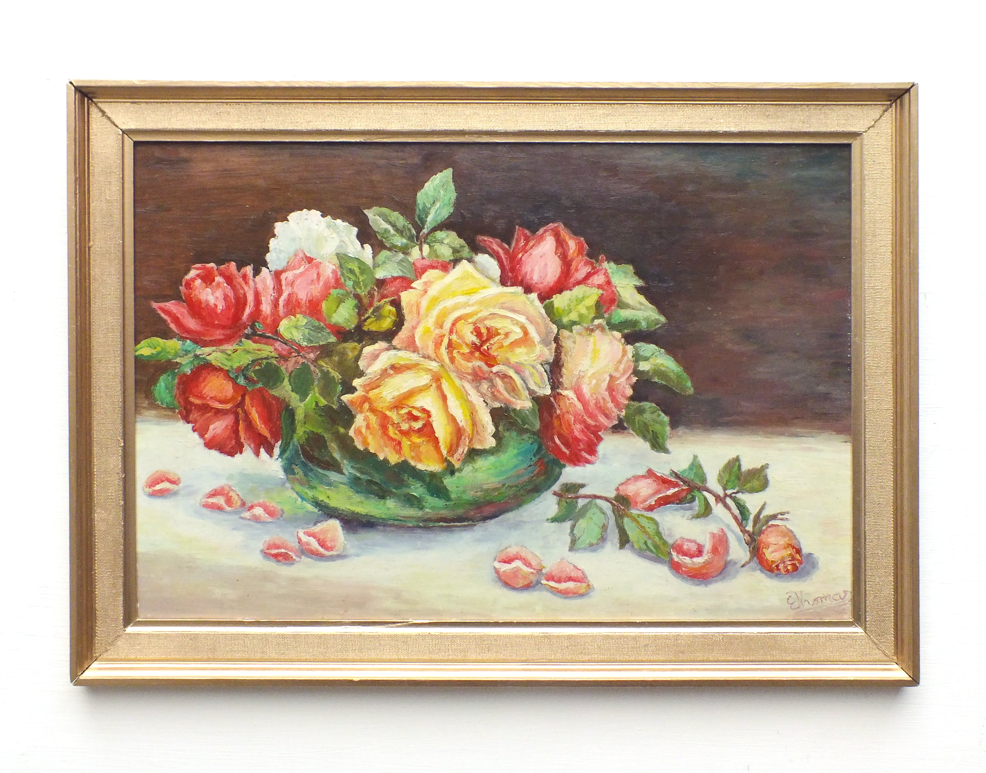 Red Yellow Roses Still Life Vintage Oil Painting Signed Framed Original Flowers