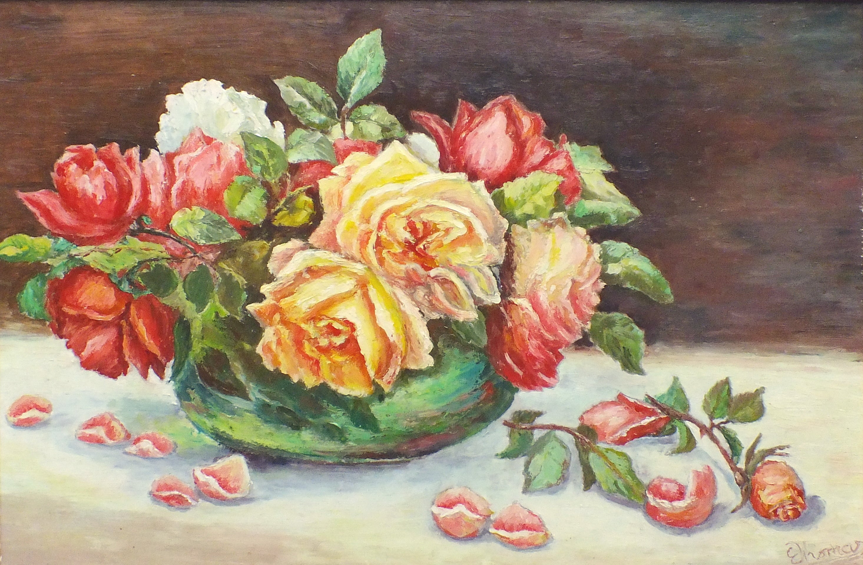 Red Yellow Roses Still Life Vintage Oil Painting Signed Framed Original Flowers