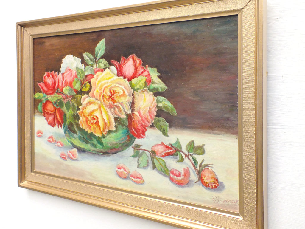 Red Yellow Roses Still Life Vintage Oil Painting Signed Framed Original Flowers