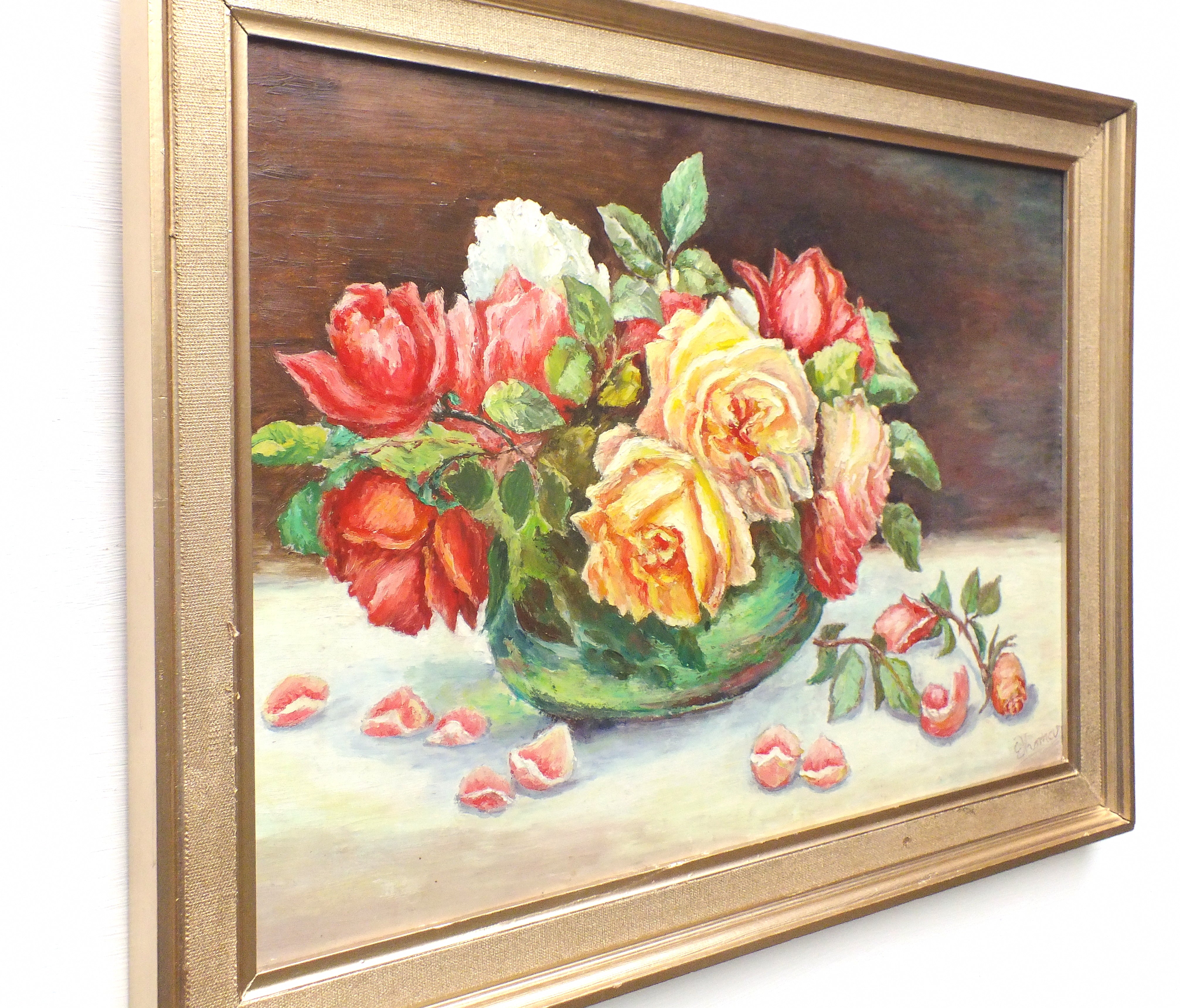 Red Yellow Roses Still Life Vintage Oil Painting Signed Framed Original Flowers