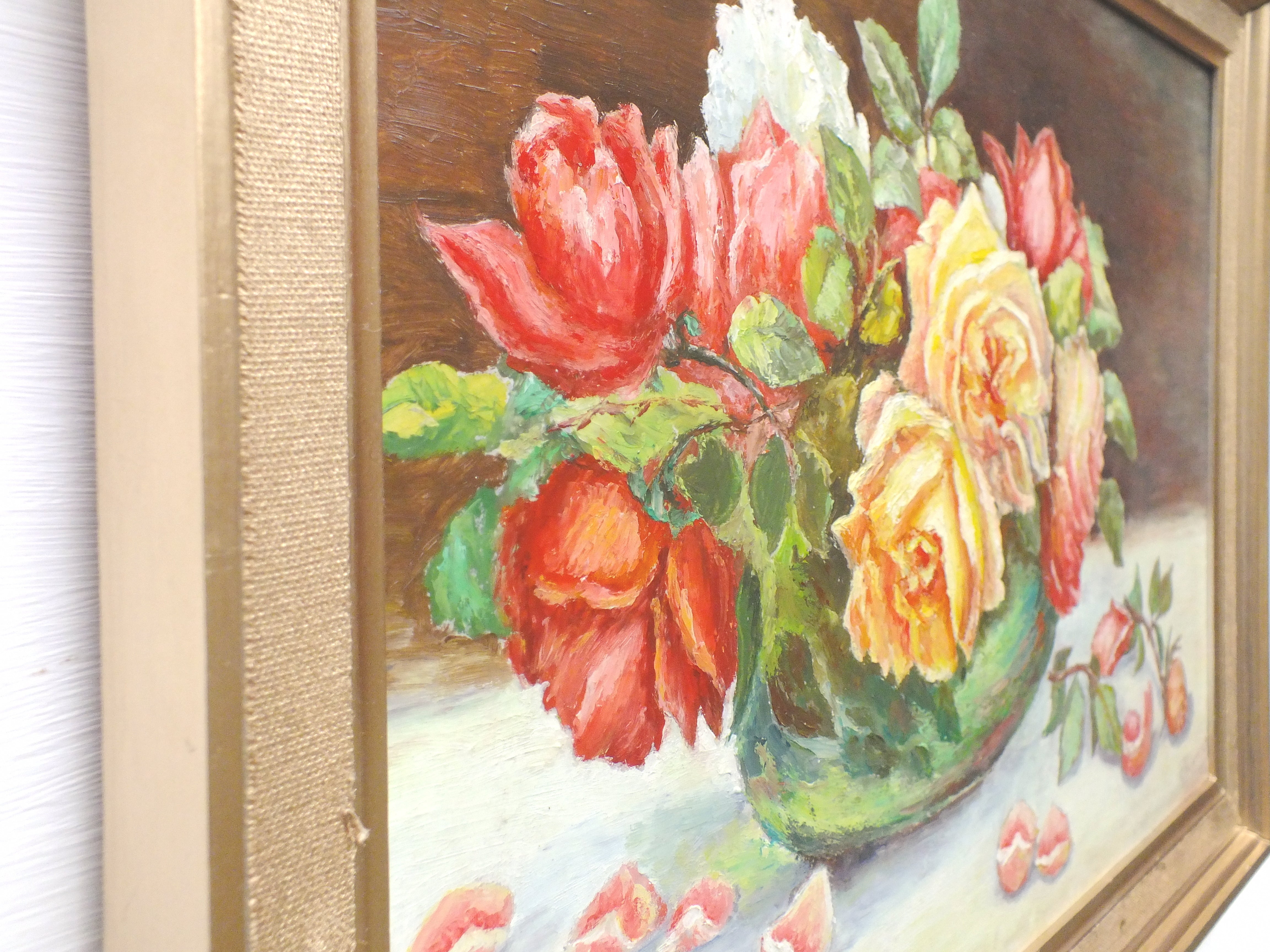 Red Yellow Roses Still Life Vintage Oil Painting Signed Framed Original Flowers