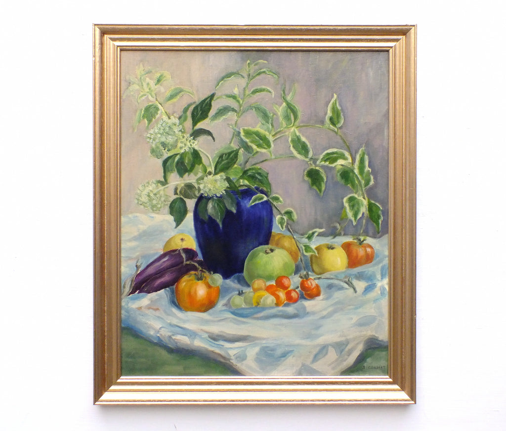Fruit Flowers Still Life Vintage Oil Painting Signed Framed